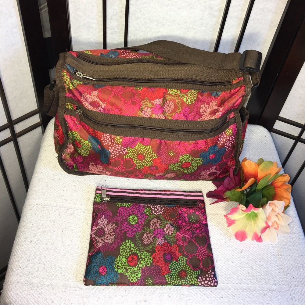 LeSportsac EUC Lightweight Floral Nylon Crossbody Shoulder Bag w/ Matching Pouch